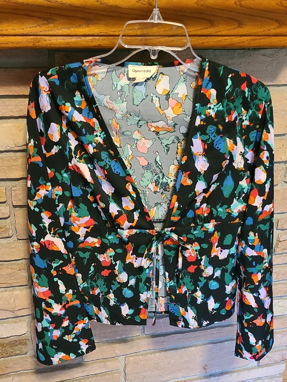 Open Edit Black Multi-Color Tie-Front Blouse Size S